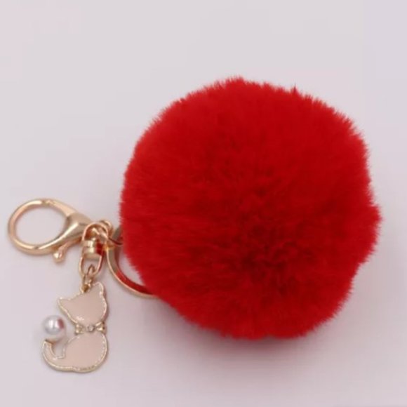 TT-Rabbit Faux Fur Ball Key Chain / Purse Accessory with Cat -Red - Picture 1 of 3